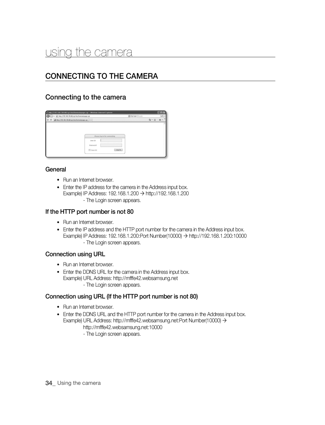 Samsung SNC-B2315P manual 부부using the camera, Connecting to ThE Camera, Connecting to the camera 