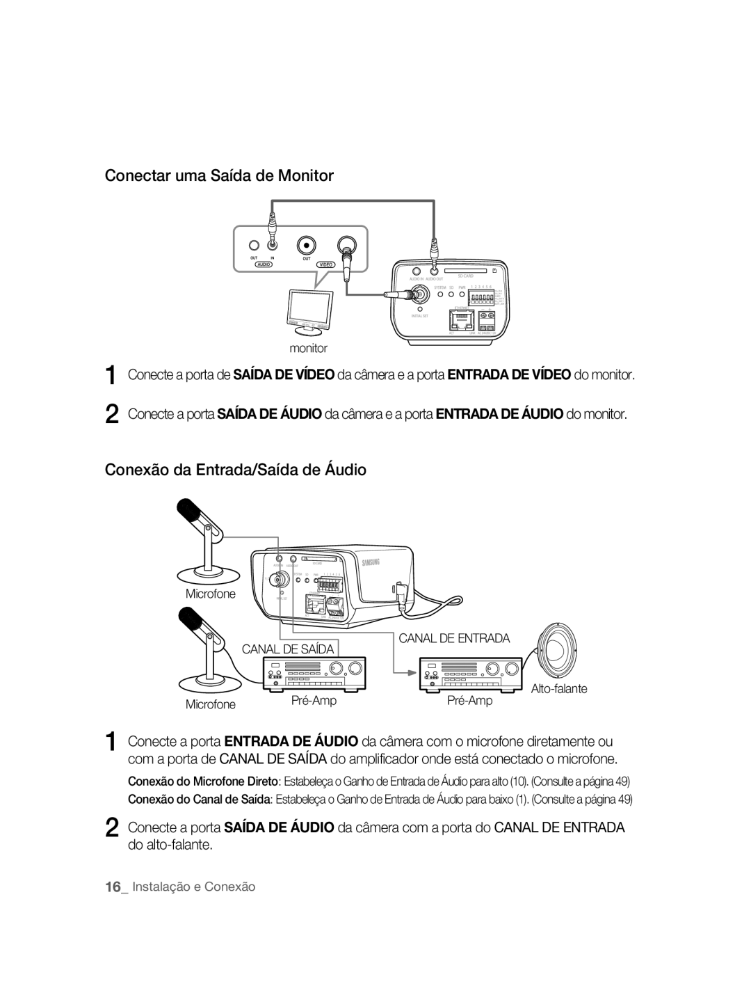 Samsung SNC-B2315P manual Conectar uma Saída de Monitor, Conexão da Entrada/Saída de Áudio, Microfone Pré-Amp 