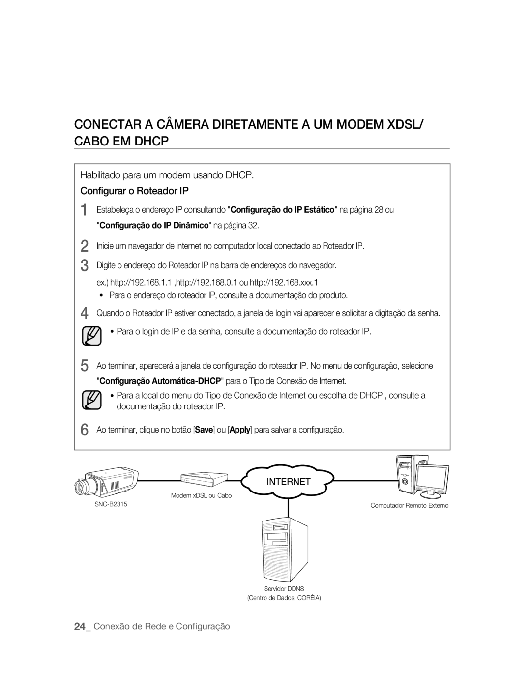 Samsung SNC-B2315P Conectar a Câmera Diretamente a UM Modem XDSL/ Cabo EM Dhcp, Configuração do IP Dinâmico na página 