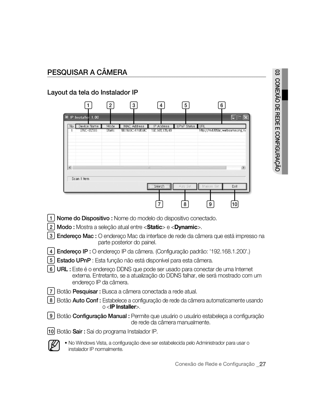 Samsung SNC-B2315P manual Pesquisar a Câmera, Layout da tela do Instalador IP 