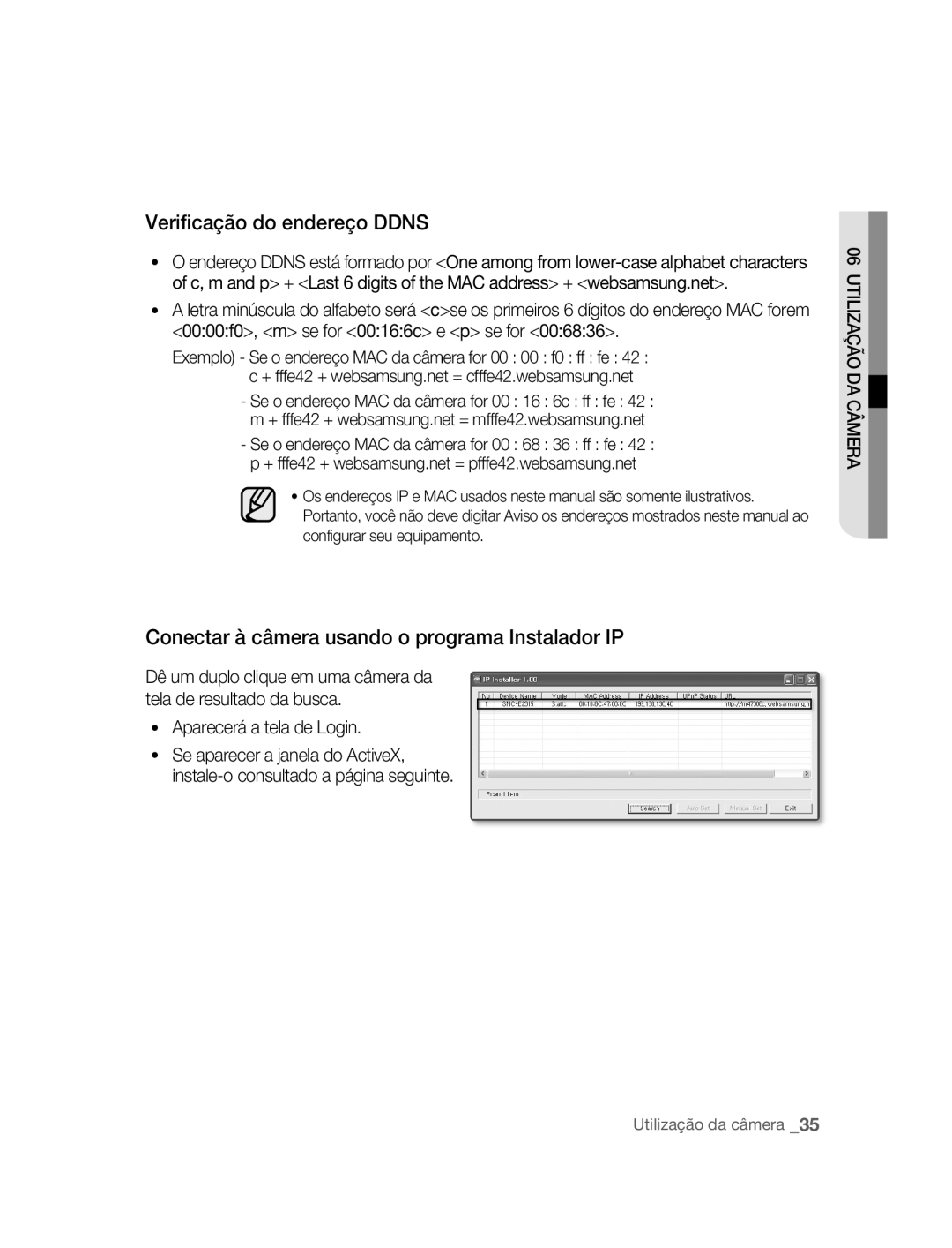 Samsung SNC-B2315P manual Verificação do endereço Ddns, Conectar à câmera usando o programa Instalador IP 