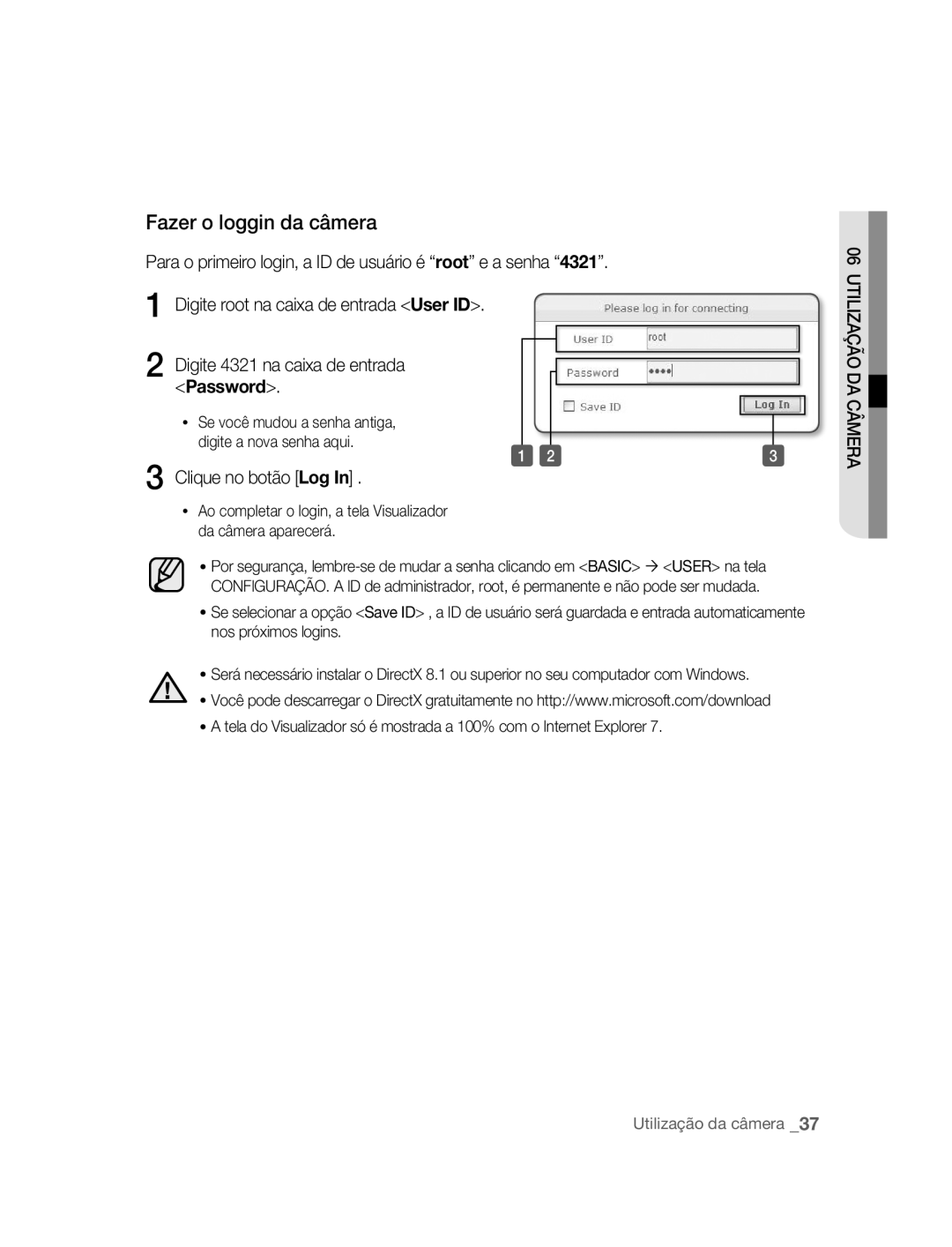 Samsung SNC-B2315P manual Fazer o loggin da câmera, Clique no botão Log 