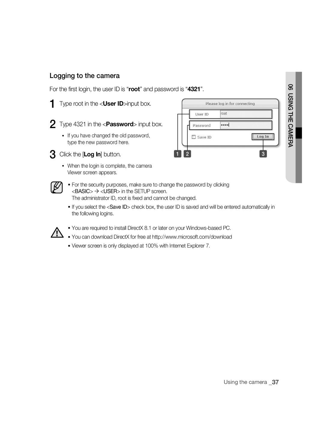 Samsung SNC-B2315P manual Logging to the camera, Click the Log In button 