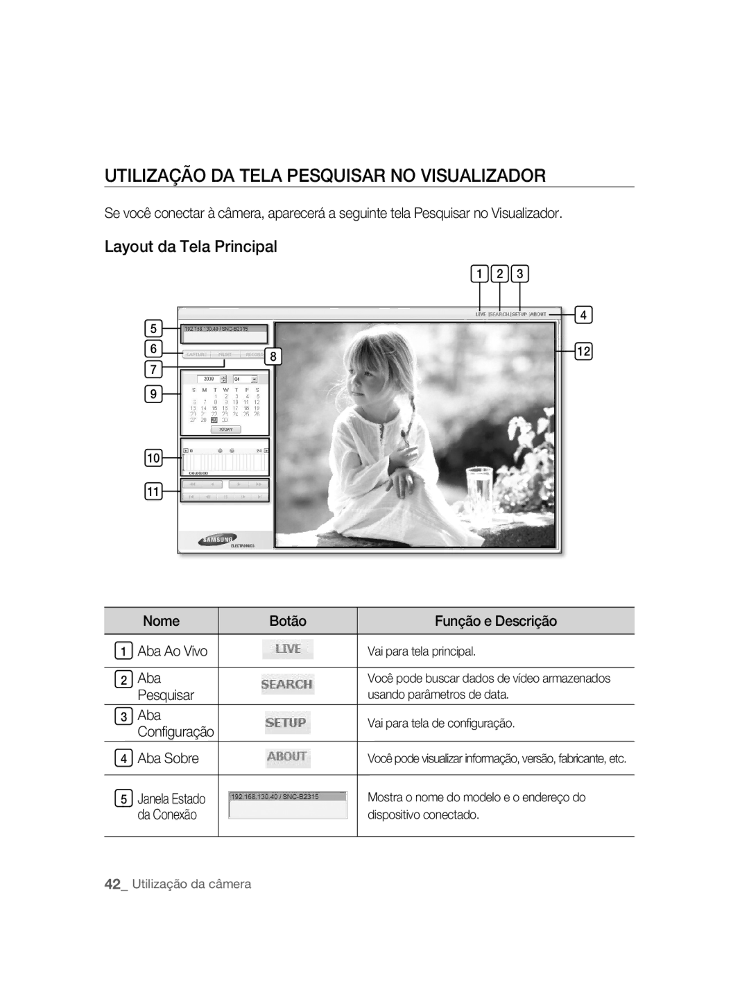 Samsung SNC-B2315P manual Utilização DA Tela Pesquisar no Visualizador, Aba Sobre, Da Conexão 