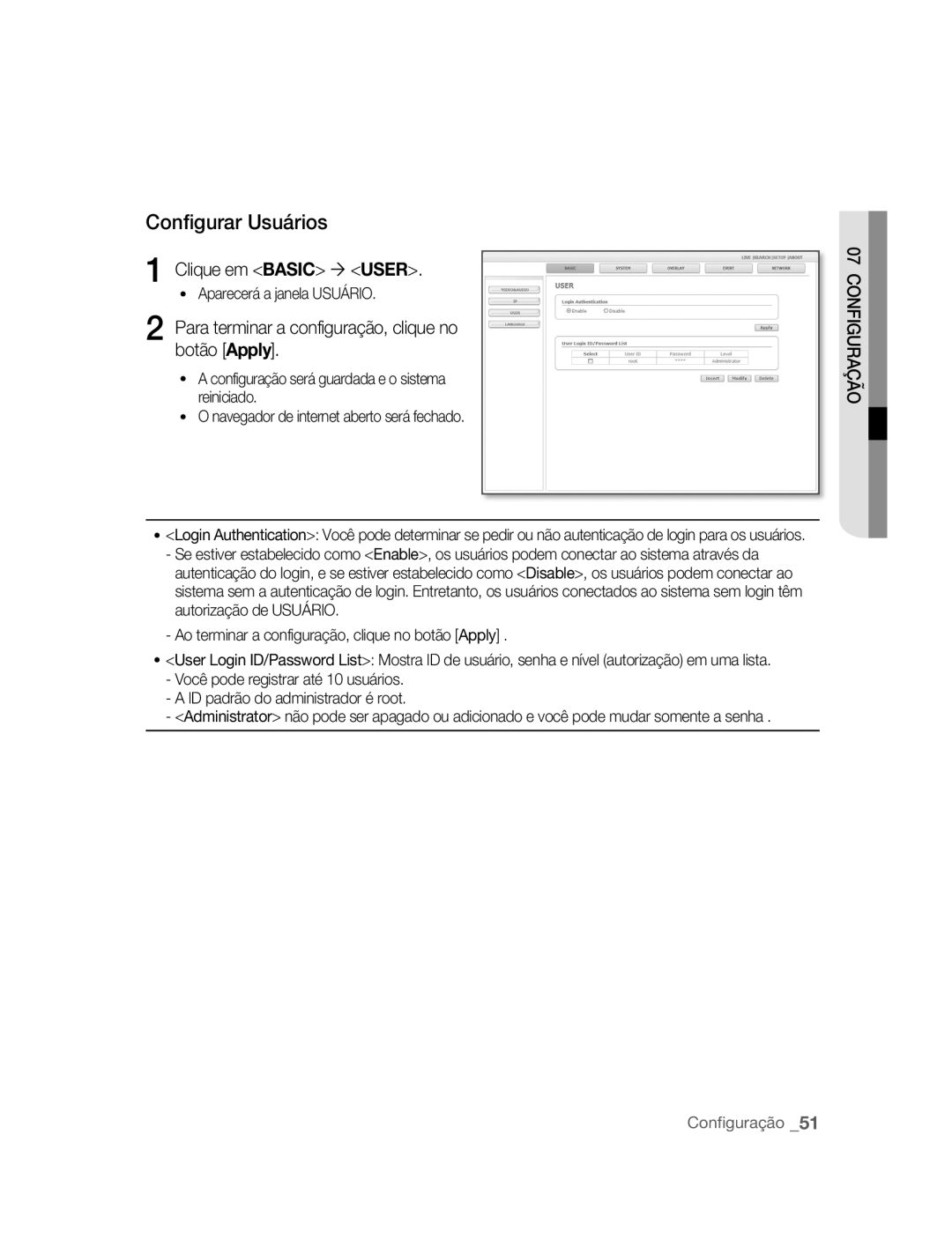 Samsung SNC-B2315P manual Configurar Usuários, Clique em Basic USER. Aparecerá a janela Usuário 