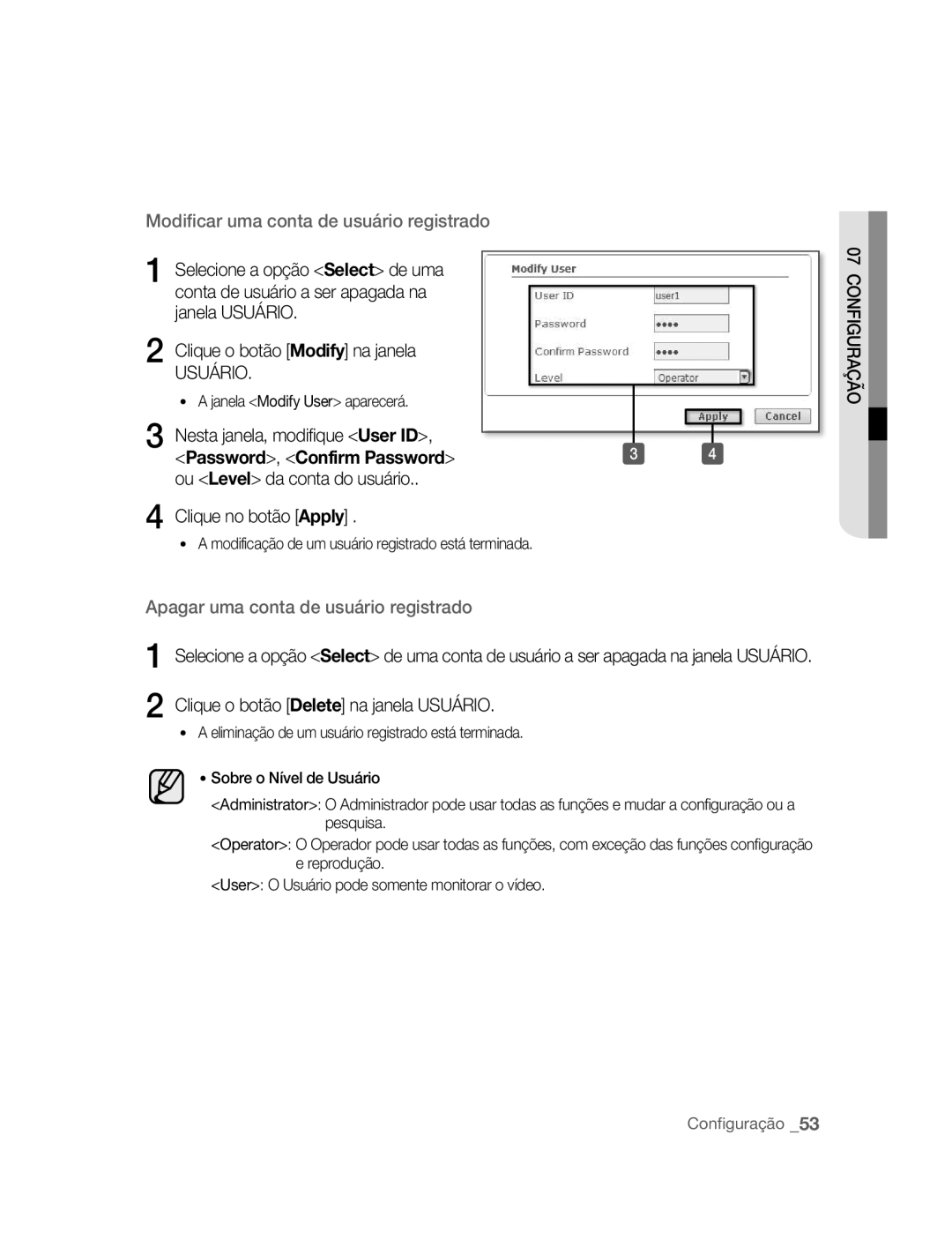 Samsung SNC-B2315P manual Nesta janela, modifique User ID, Ou Level da conta do usuário Clique no botão Apply 