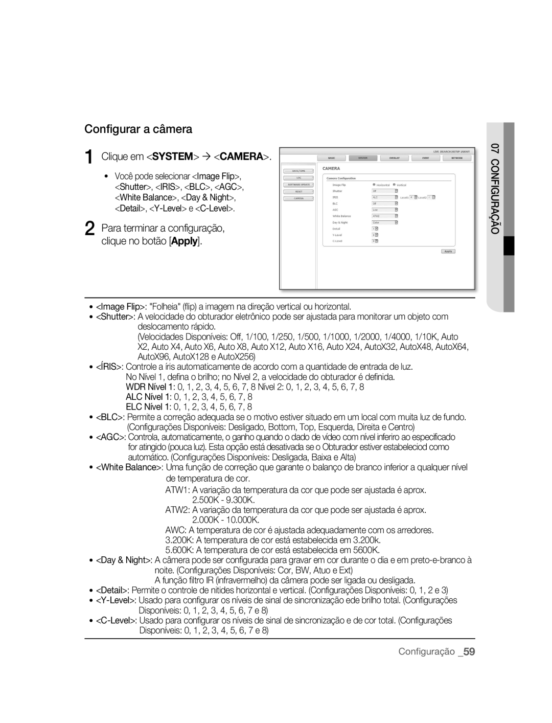 Samsung SNC-B2315P manual Configurar a câmera, Clique em System Camera 