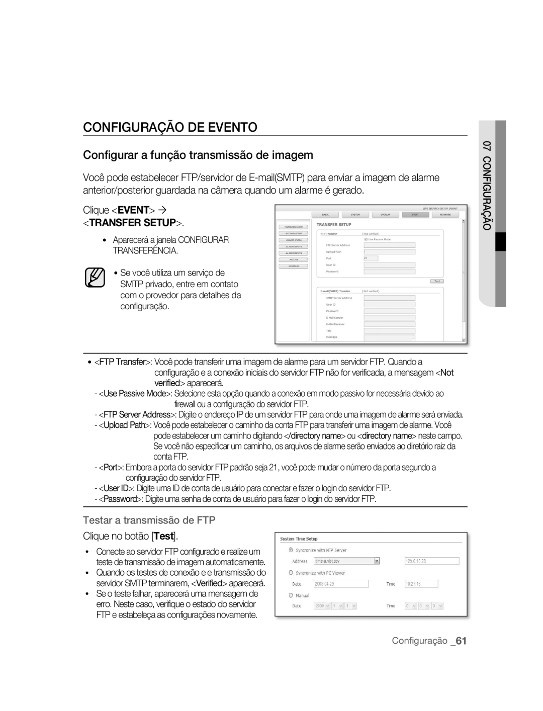 Samsung SNC-B2315P Configuração DE Evento, Configurar a função transmissão de imagem, Clique Event, Clique no botão Test 