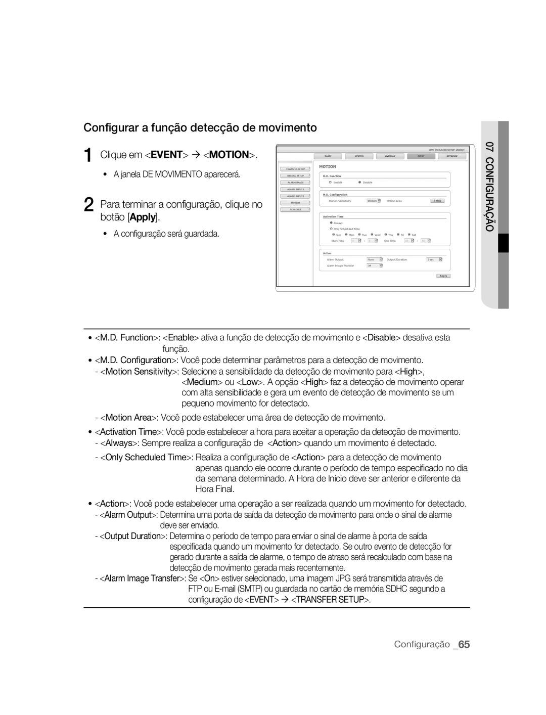 Samsung SNC-B2315P manual Configurar a função detecção de movimento, Clique em Event Motion, Janela DE Movimento aparecerá 