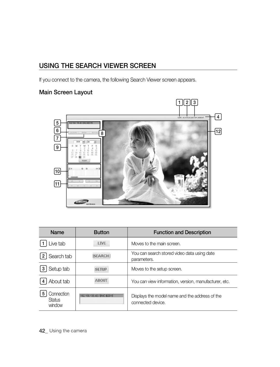 Samsung SNC-B2315P manual Using ThE SEARCh Viewer Screen 