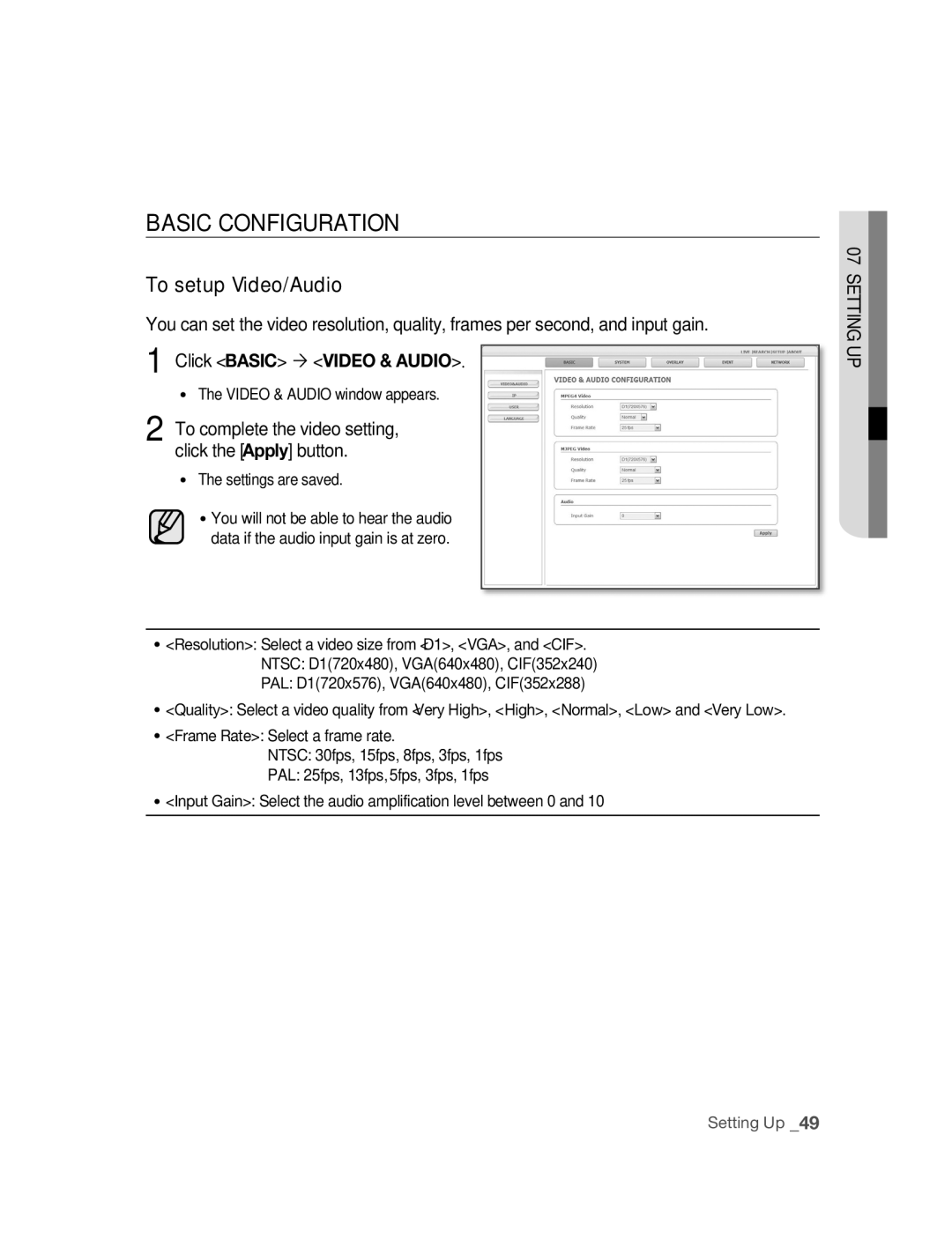 Samsung SNC-B2315P manual Basic Configuration, To setup Video/Audio, Click Basic  Video & Audio 