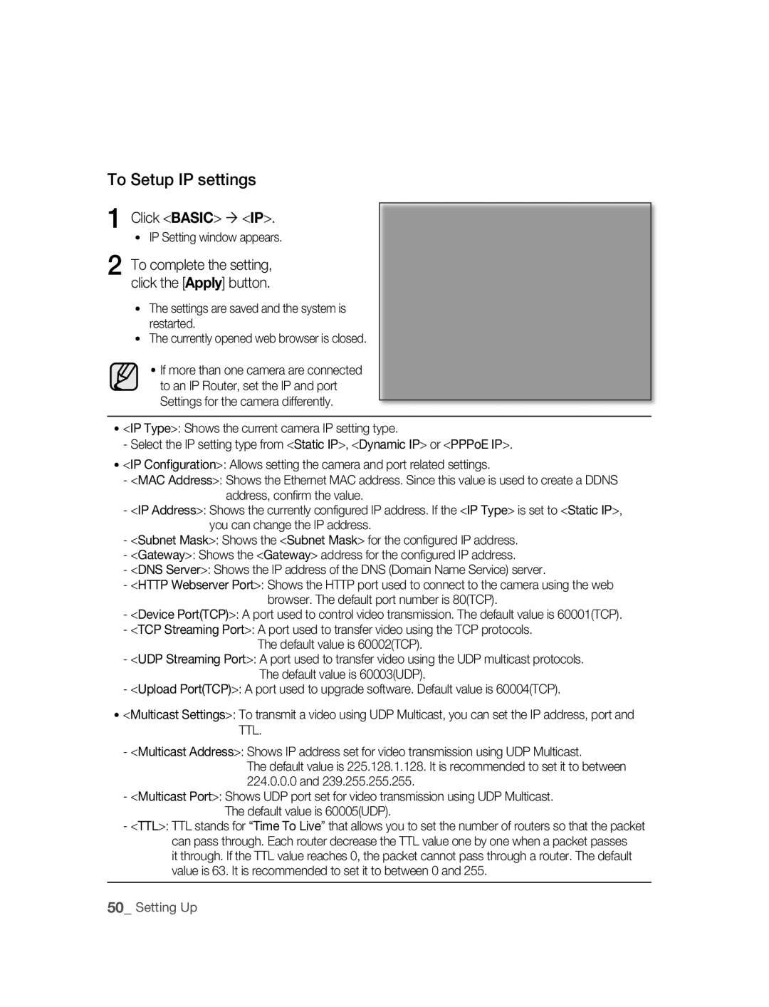 Samsung SNC-B2315P manual To Setup IP settings, Click Basic  IP, IP Type Shows the current camera IP setting type 