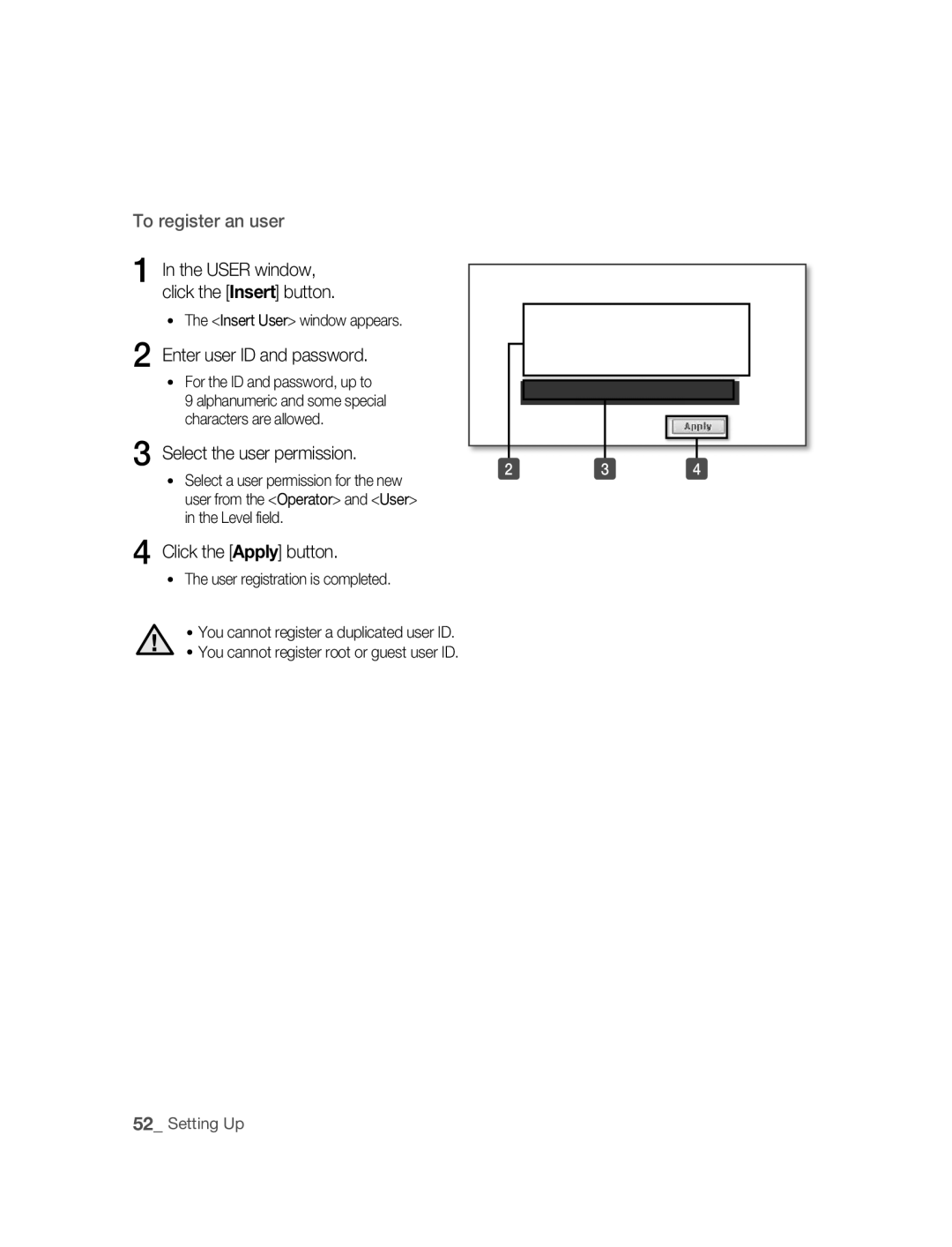 Samsung SNC-B2315P manual Enter user ID and password, Click the Apply button, For the ID and password, up to 