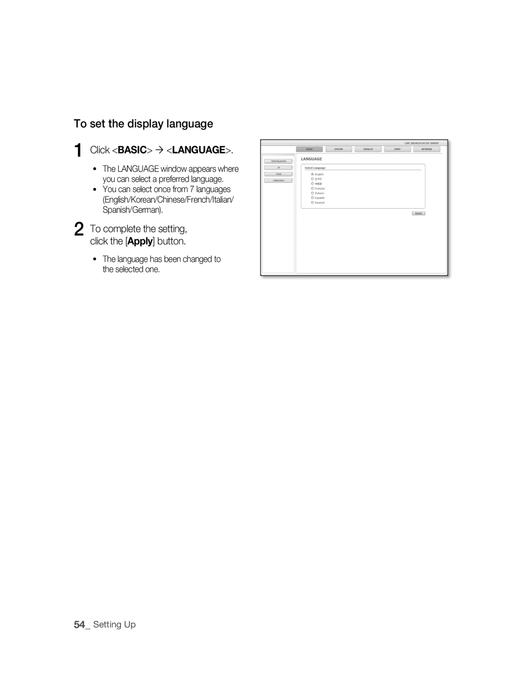 Samsung SNC-B2315P manual To set the display language, Click Basic  Language 