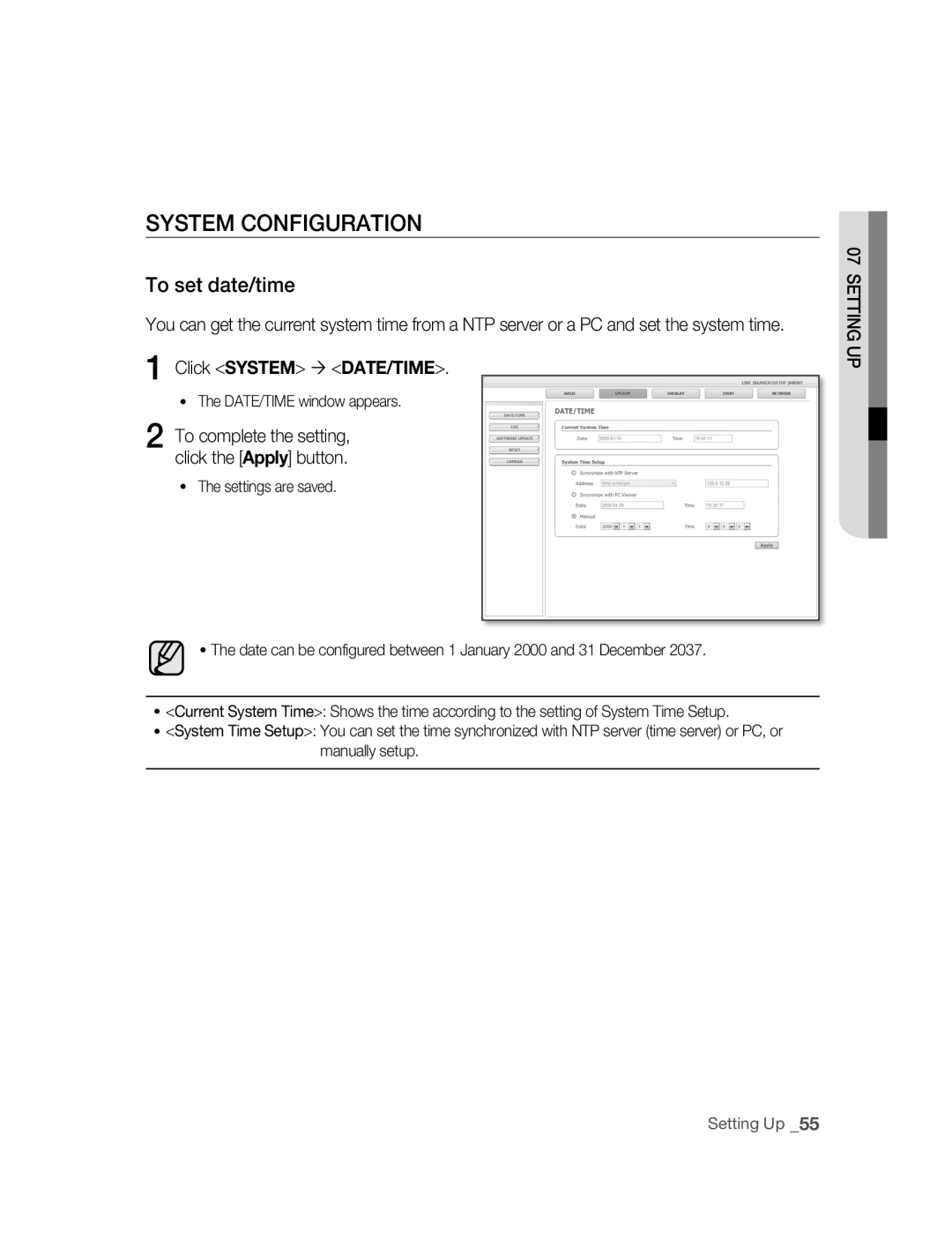 Samsung SNC-B2315P manual SySTEM Configuration, To set date/time, Click System  DATE/TIME 