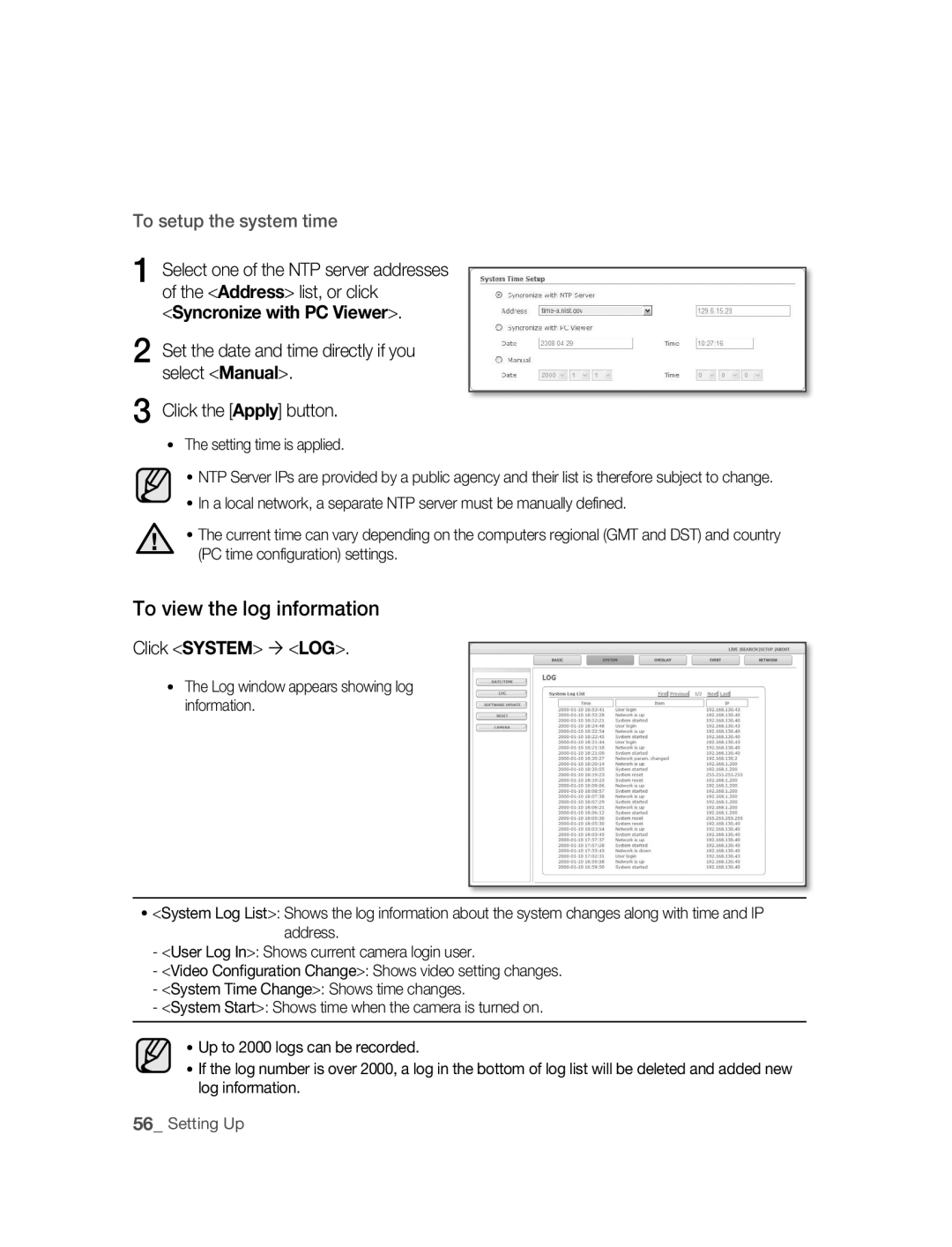 Samsung SNC-B2315P manual To view the log information, Click System  LOG, Setting time is applied 