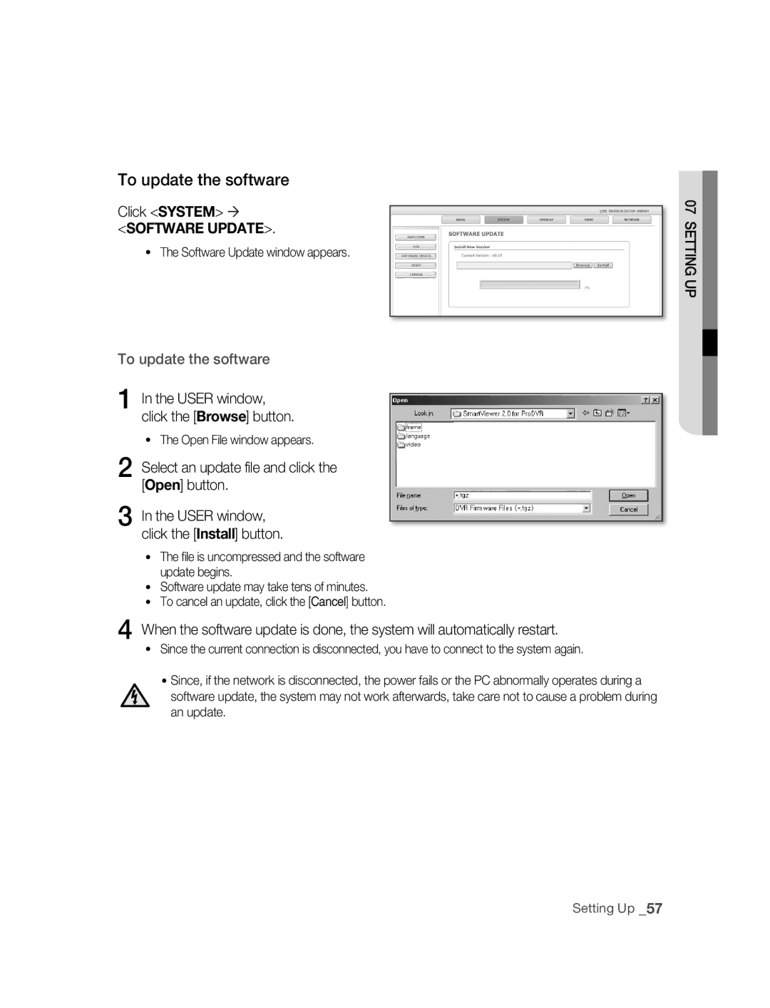 Samsung SNC-B2315P manual To update the software, Click System , Software Update window appears 