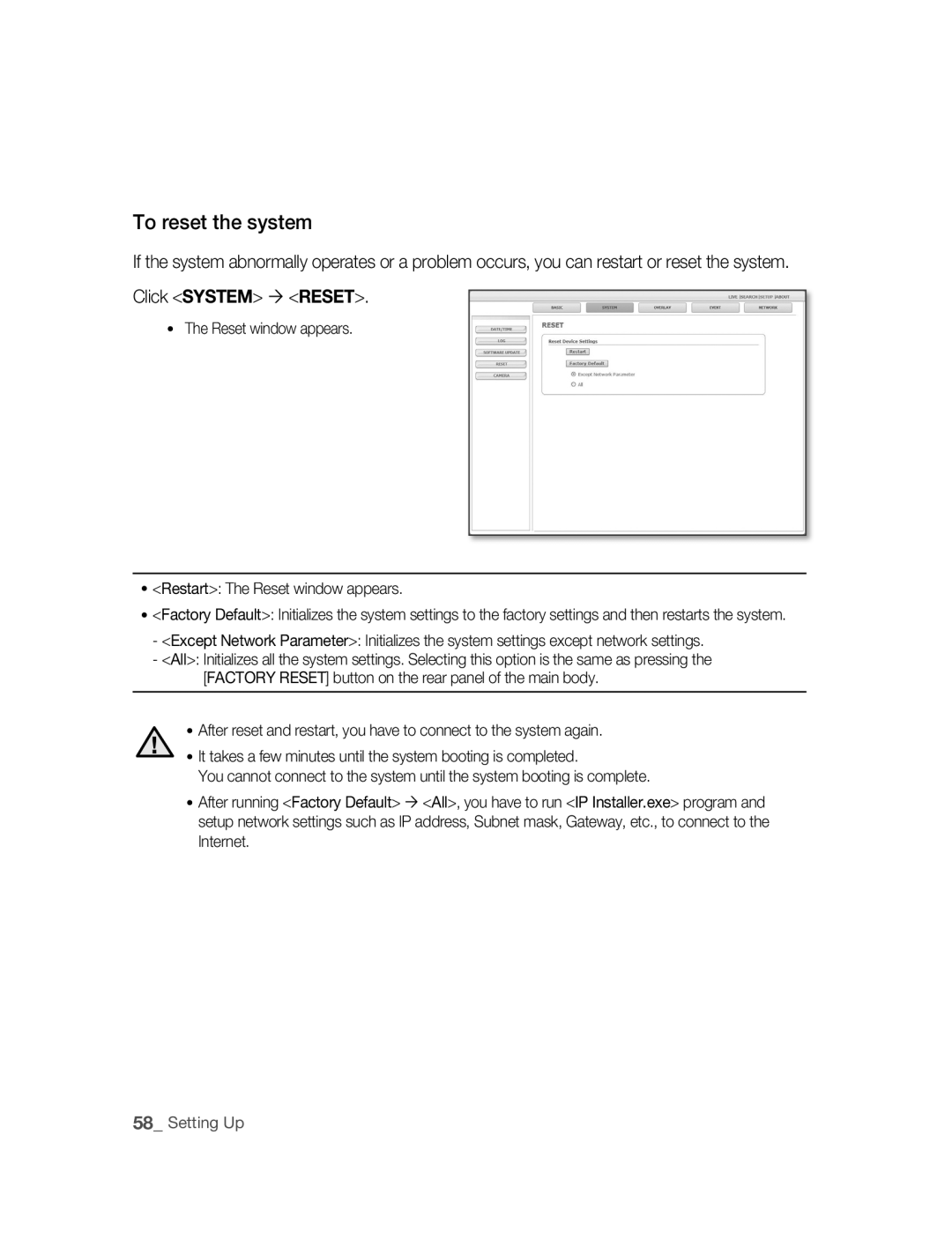 Samsung SNC-B2315P manual To reset the system, Click System  Reset, Reset window appears Restart The Reset window appears 