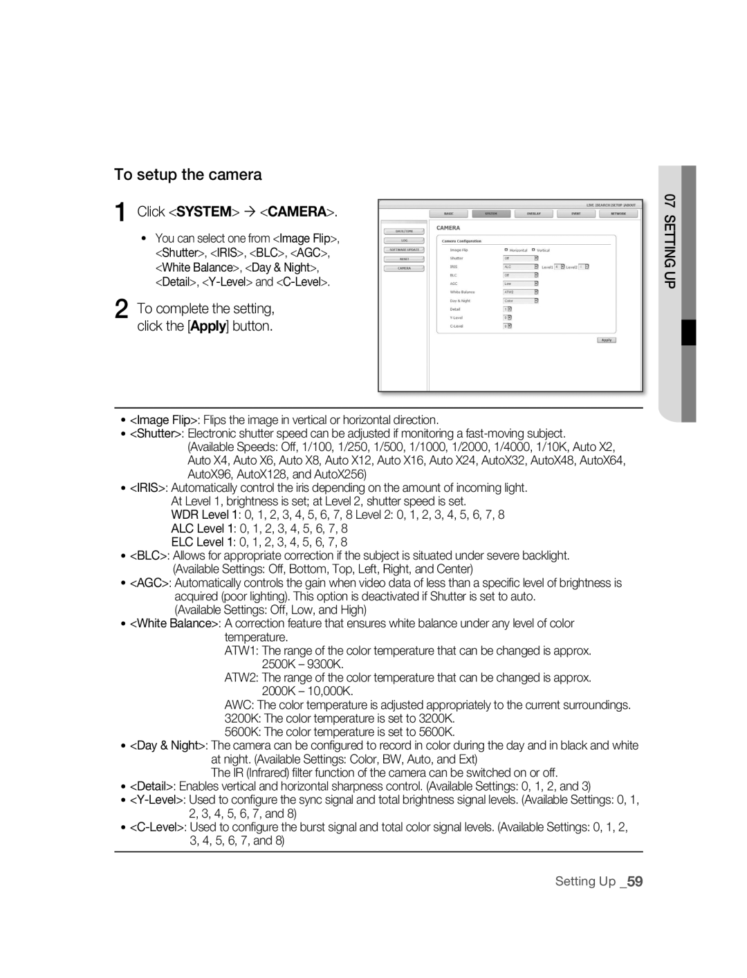 Samsung SNC-B2315P manual To setup the camera, Click System  Camera, You can select one from Image Flip 