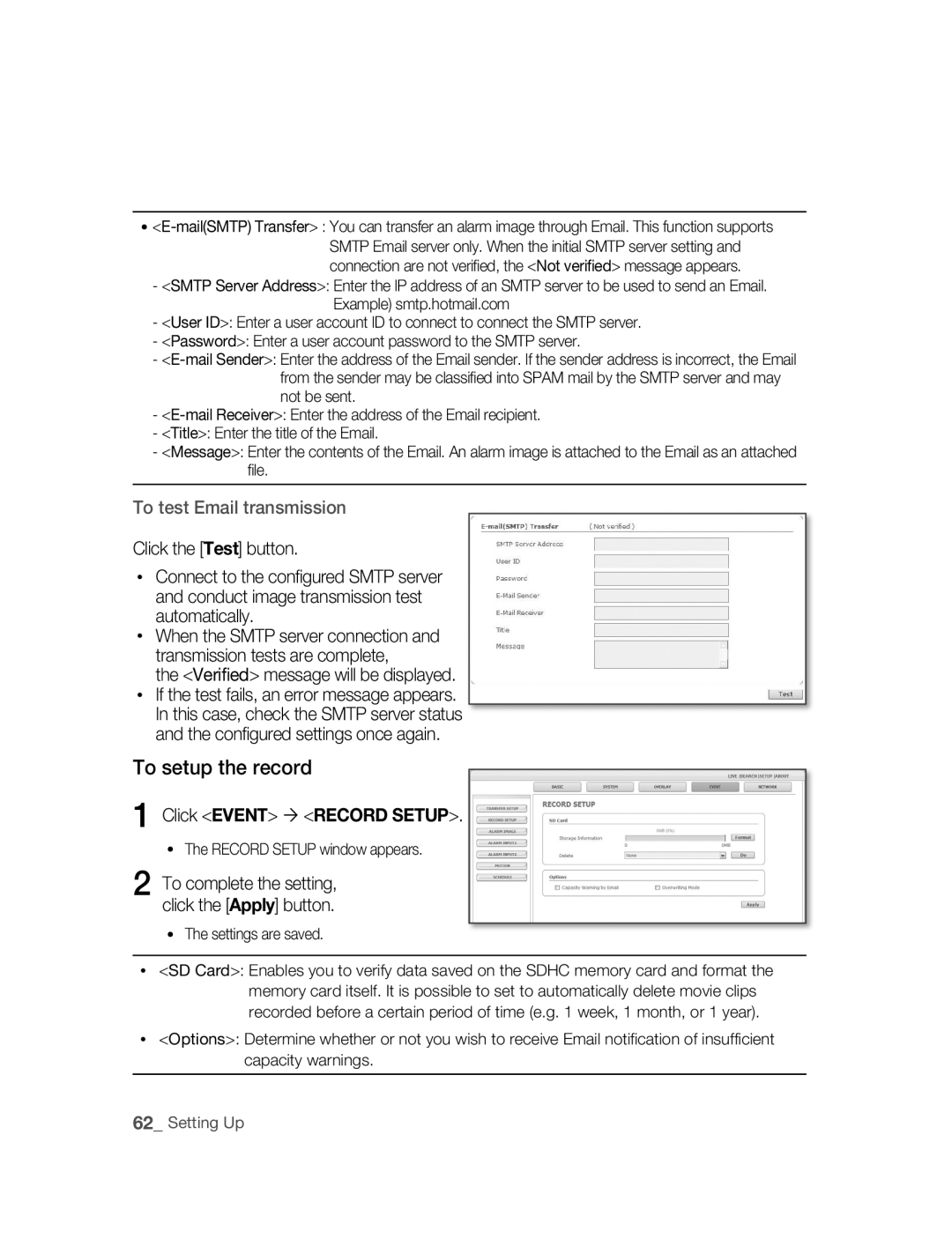 Samsung SNC-B2315P manual To setup the record, Click Event  Record Setup 