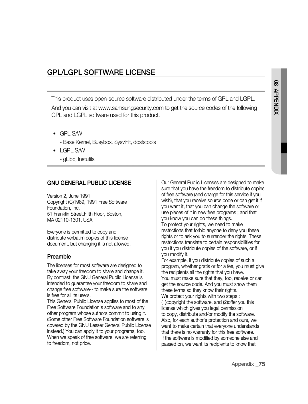 Samsung SNC-B2315P manual GPL/LGPL Software License, Lgpl S/W 