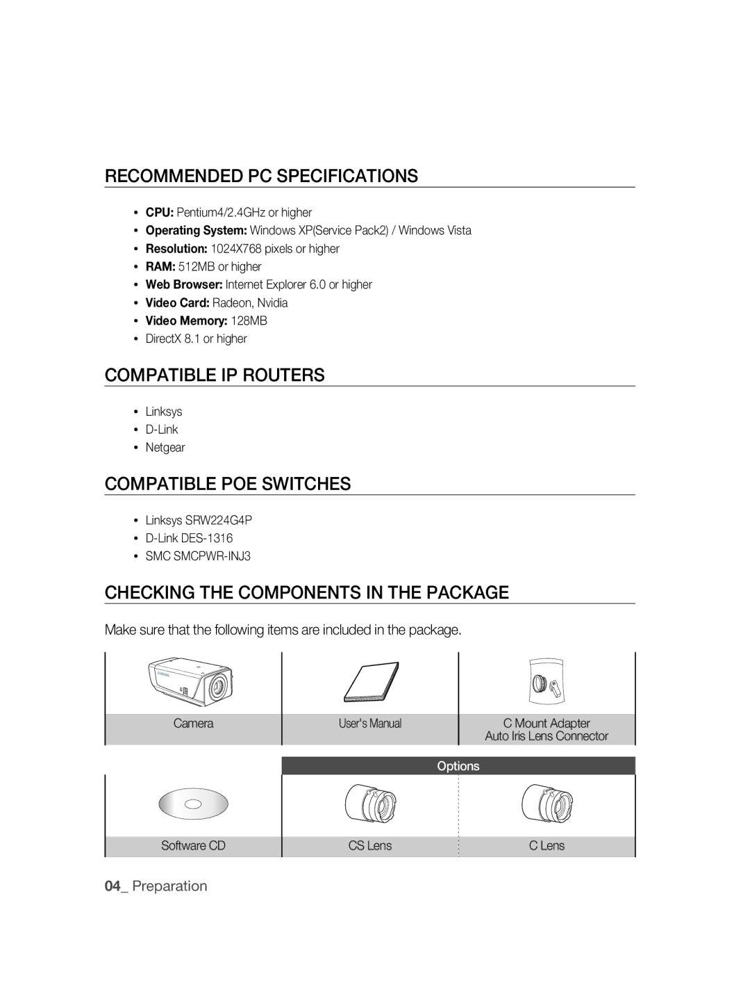 Samsung SNC-B2315P manual Recommended PC Specifications, Compatible IP Routers, Compatible PoE Switches 