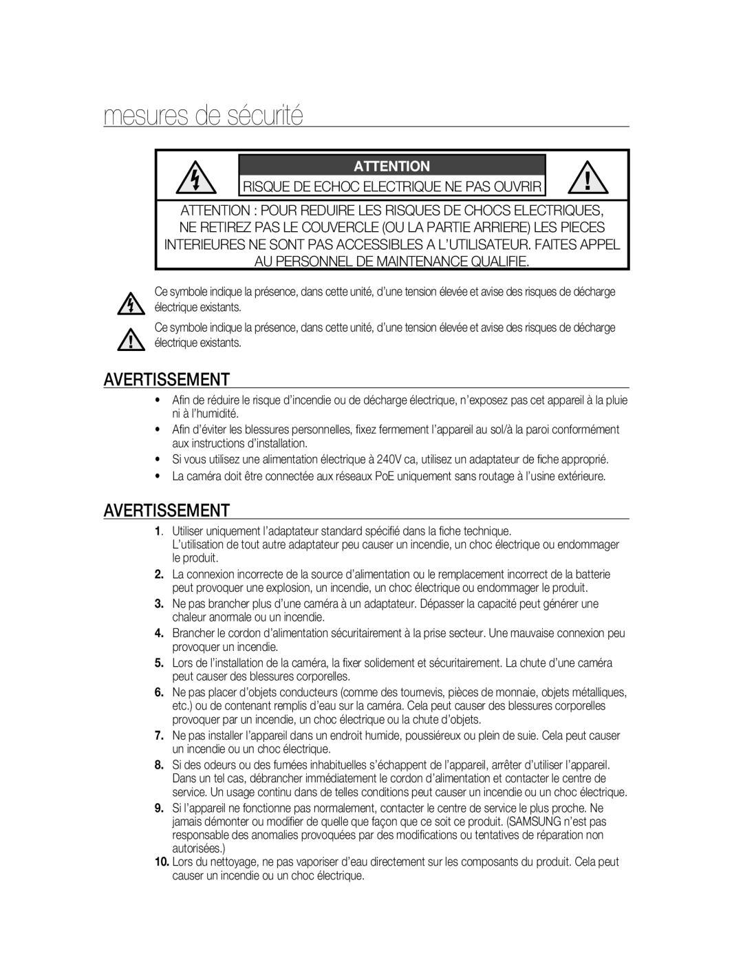 Samsung SNC-B2315P manual Mesures de sécurité, Avertissement 