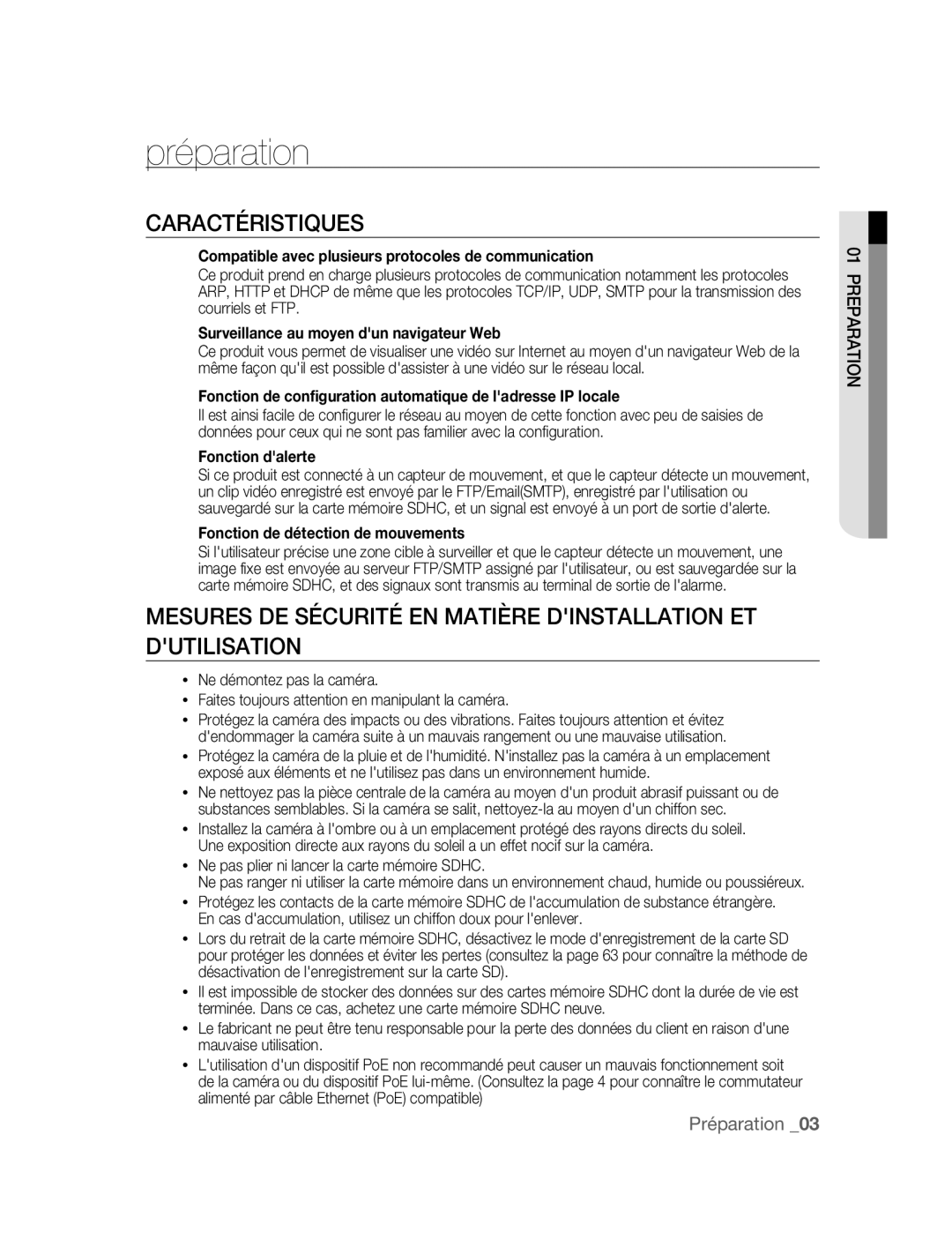 Samsung SNC-B2315P manual Préparation, Caractéristiques, Ne pas plier ni lancer la carte mémoire Sdhc 