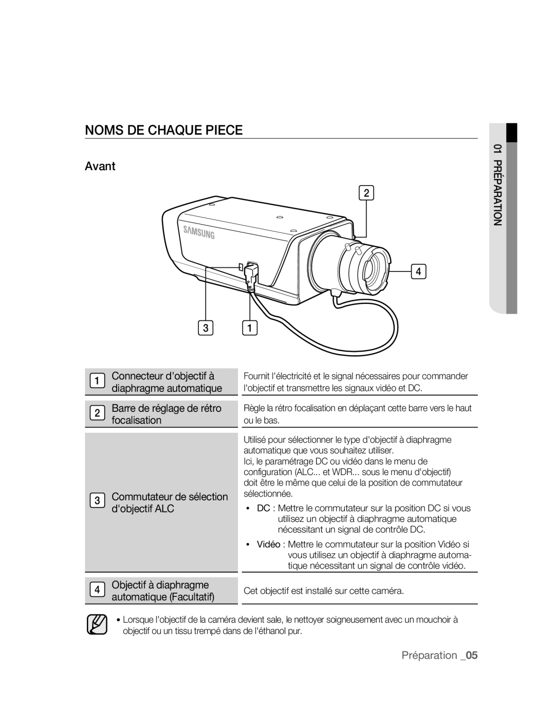 Samsung SNC-B2315P manual Noms DE Chaque Piece, Avant, Connecteur dobjectif à diaphragme automatique 