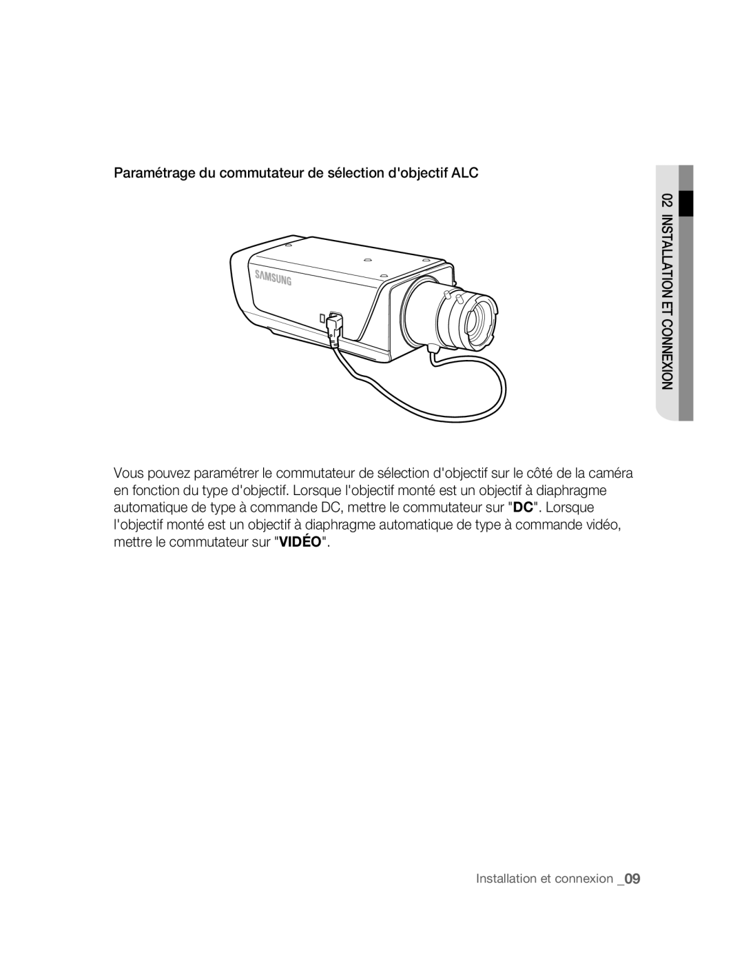 Samsung SNC-B2315P manual Paramétrage du commutateur de sélection dobjectif ALC 