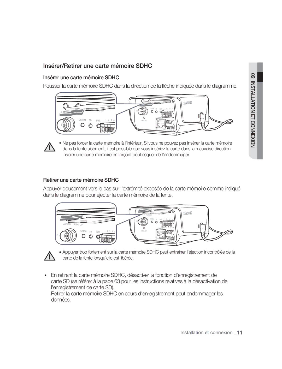 Samsung SNC-B2315P manual Insérer/Retirer une carte mémoire Sdhc, Insérer une carte mémoire Sdhc 