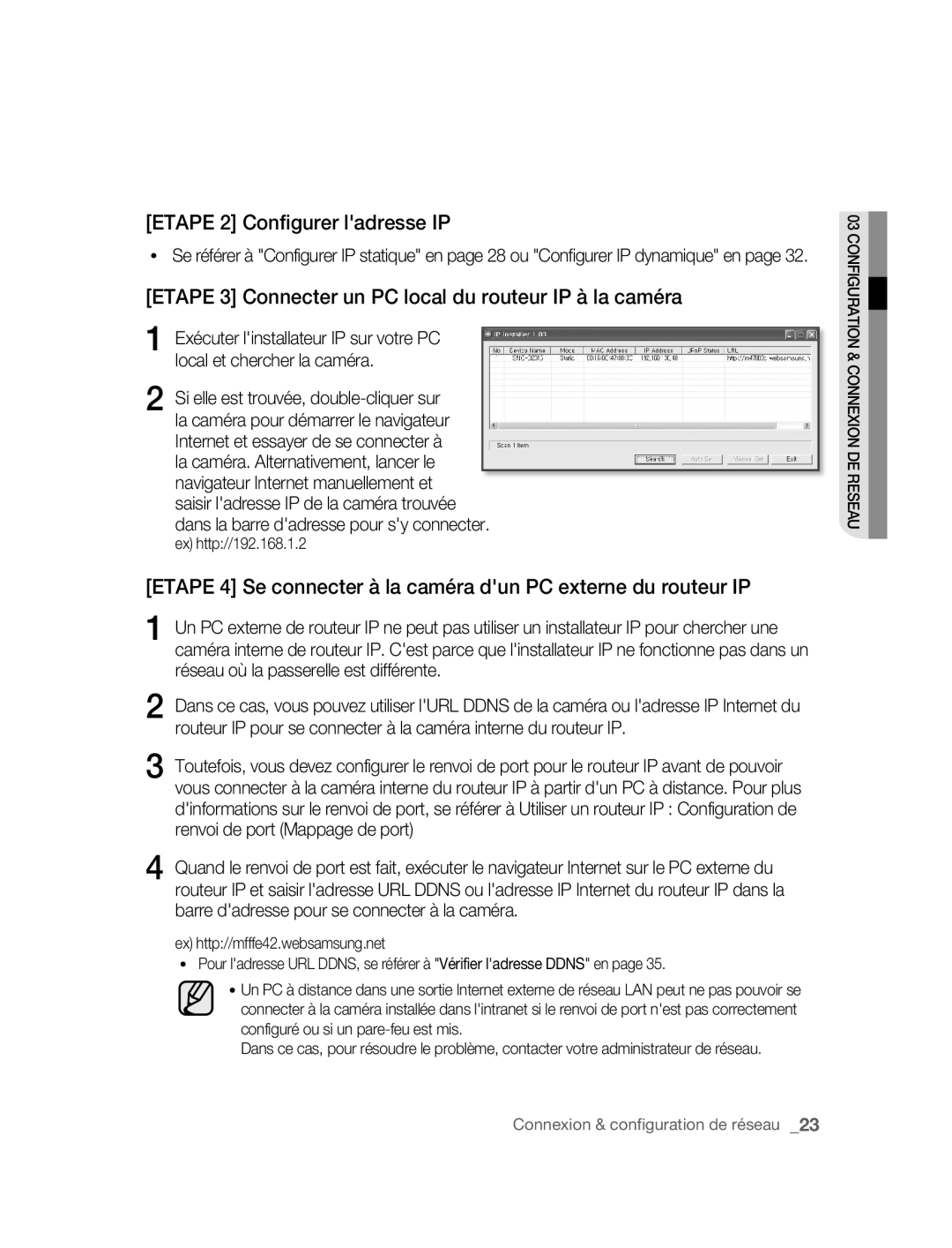 Samsung SNC-B2315P manual Etape 2 Configurer ladresse IP, Etape 3 Connecter un PC local du routeur IP à la caméra 