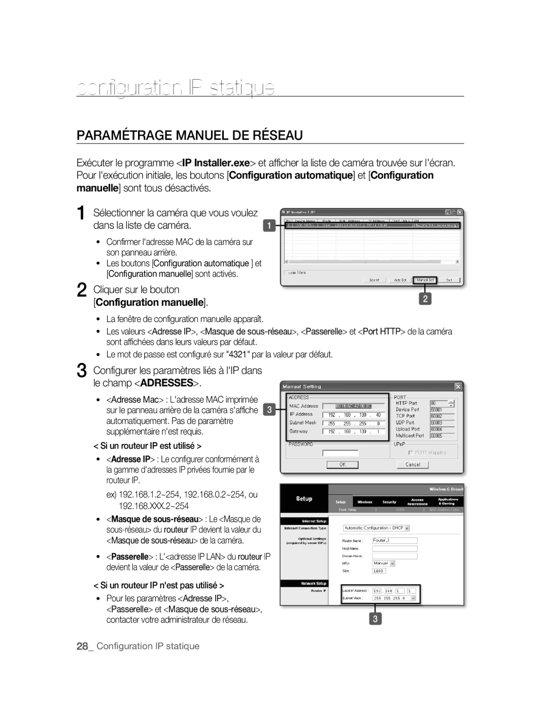 Samsung SNC-B2315P manual Configuration IP statique, Paramétrage Manuel DE Réseau, Configuration manuelle 