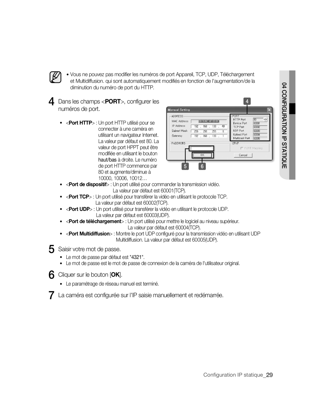 Samsung SNC-B2315P manual Dans les champs PORT, configurer les Numéros de port, Saisir votre mot de passe 