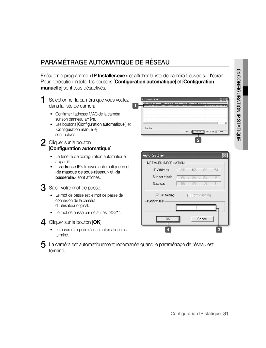 Samsung SNC-B2315P manual Paramétrage Automatique DE Réseau, Configuration automatique 