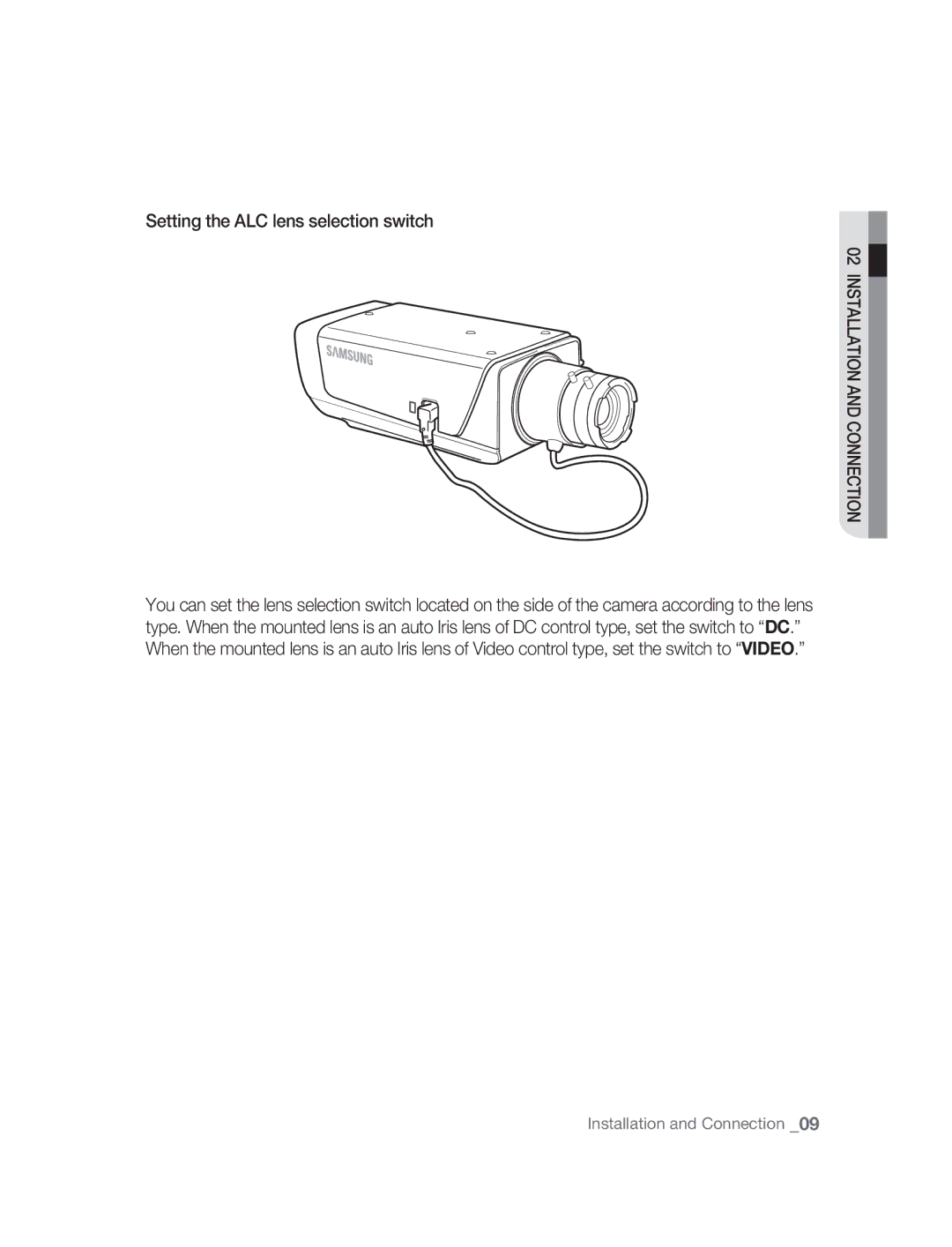 Samsung SNC-B2315P manual Setting the ALC lens selection switch, Installation and Connection 