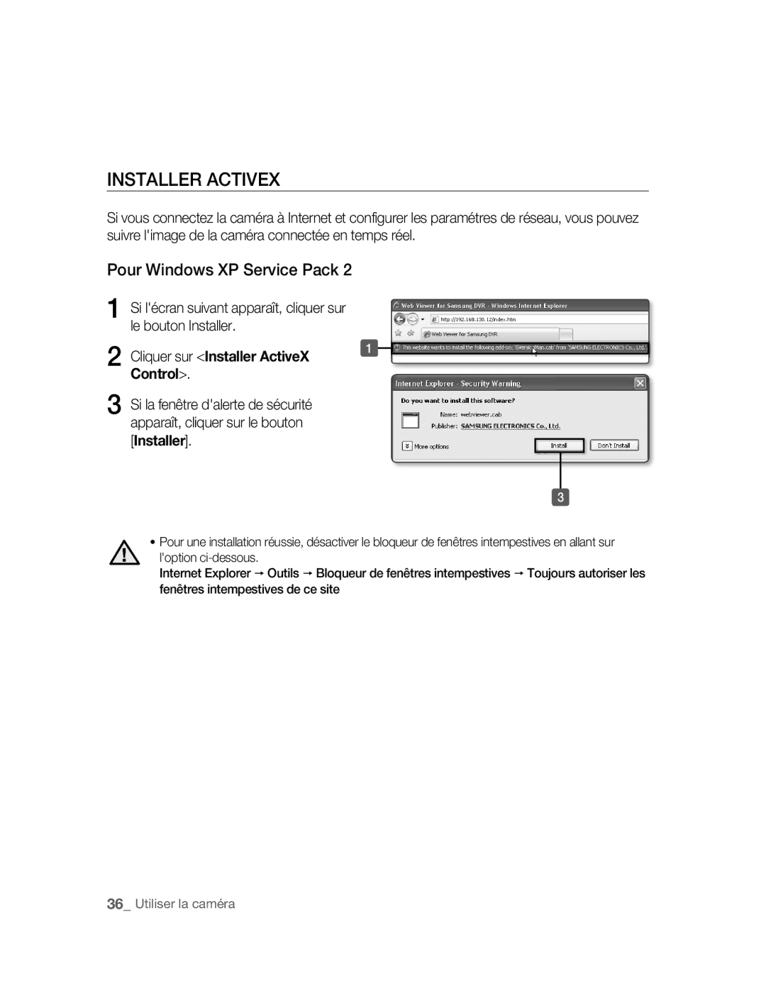 Samsung SNC-B2315P manual Installer Activex, Pour Windows XP Service Pack 