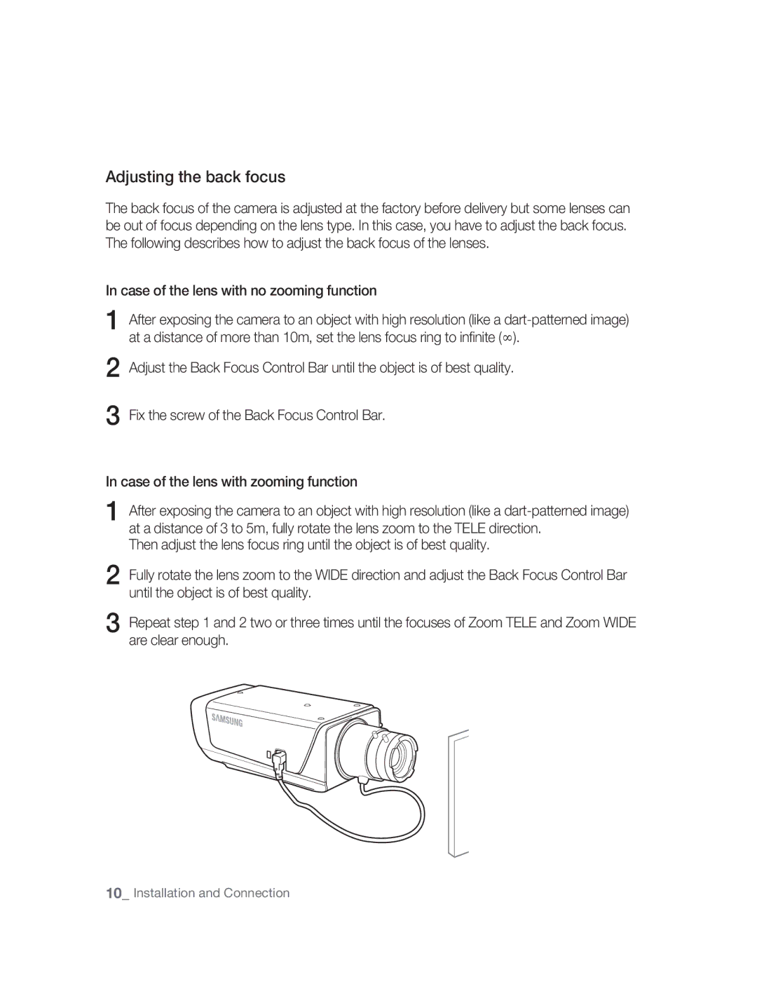 Samsung SNC-B2315P manual Adjusting the back focus, Case of the lens with no zooming function 