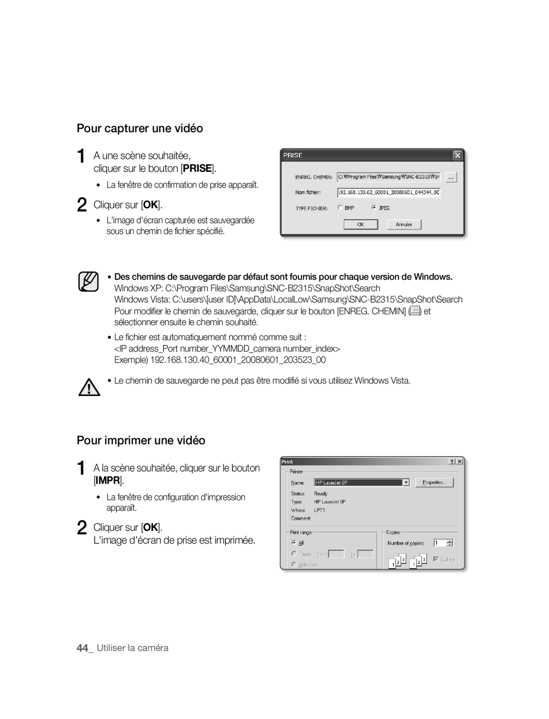 Samsung SNC-B2315P manual Pour capturer une vidéo 