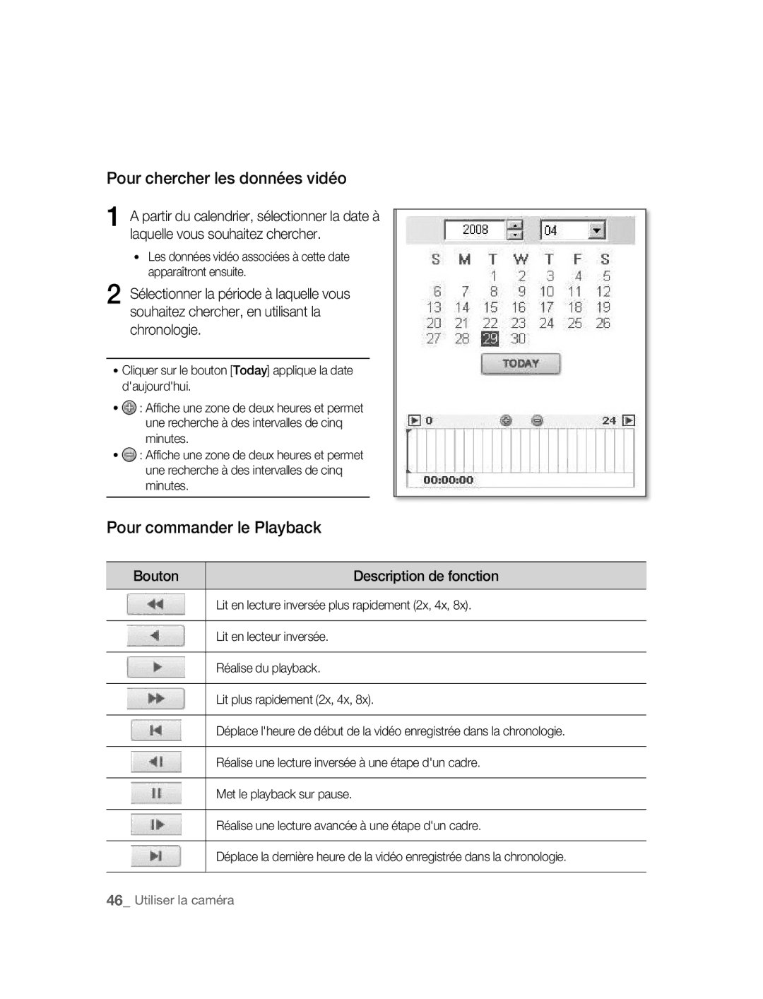 Samsung SNC-B2315P manual Pour chercher les données vidéo, Pour commander le Playback, Description de fonction 