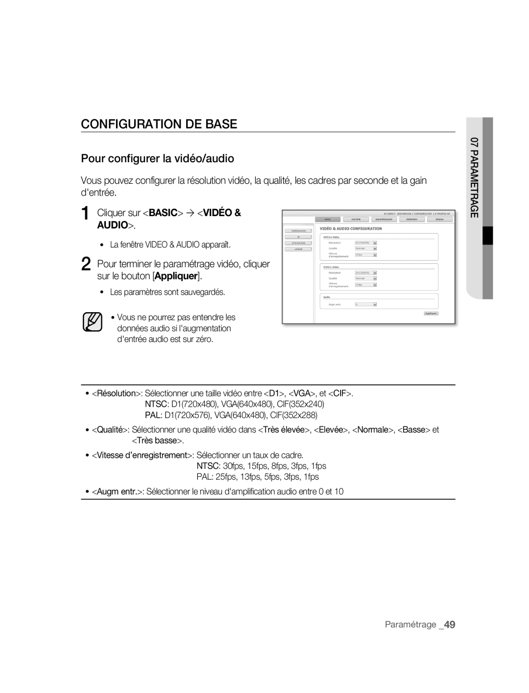 Samsung SNC-B2315P manual Configuration DE Base, Pour configurer la vidéo/audio, La fenêtre Video & Audio apparaît 