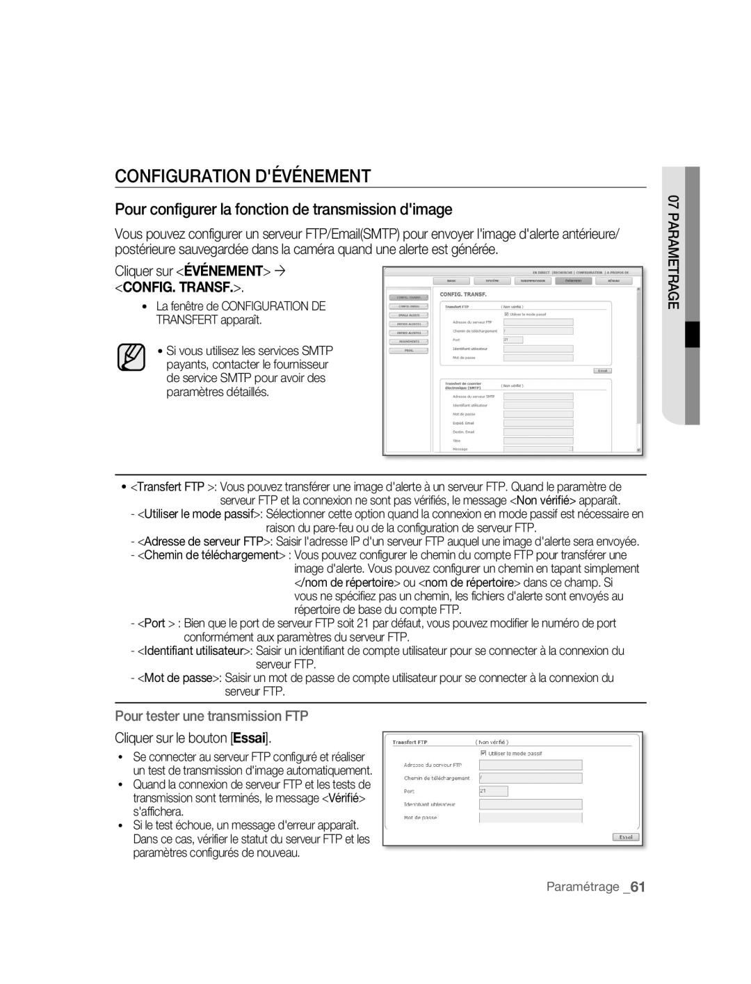 Samsung SNC-B2315P manual Configuration Dévénement, Pour configurer la fonction de transmission dimage 