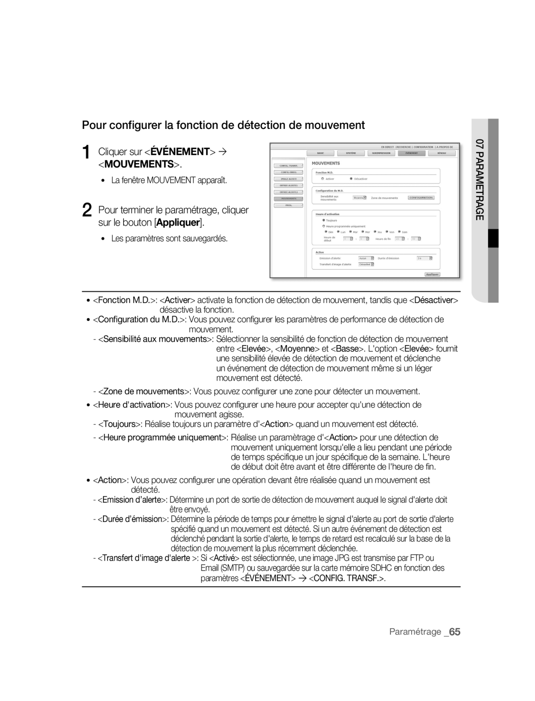 Samsung SNC-B2315P manual Pour configurer la fonction de détection de mouvement, Cliquer sur Événement ´ Mouvements 