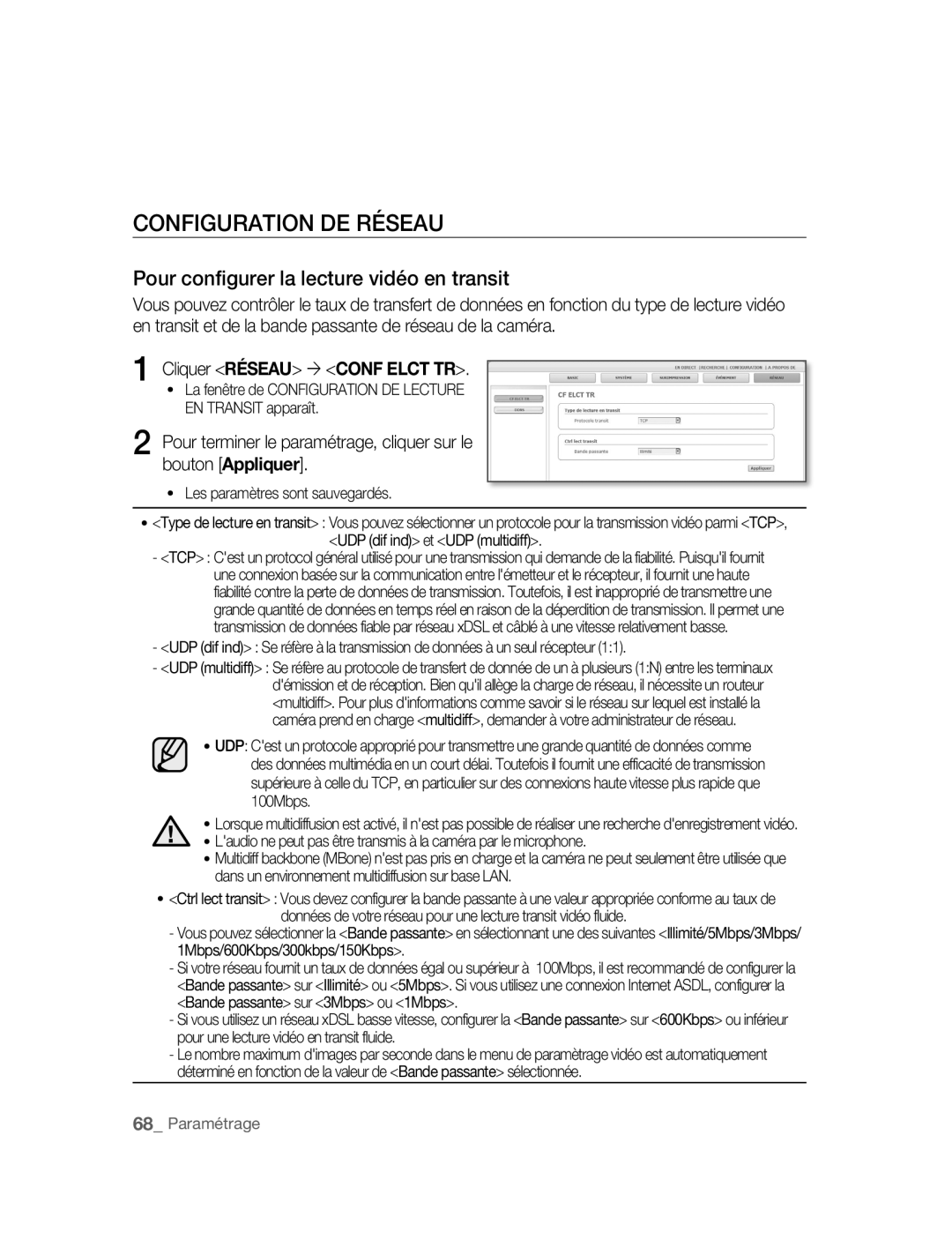 Samsung SNC-B2315P Configuration DE Réseau, Pour configurer la lecture vidéo en transit, Cliquer Réseau ´ Conf Elct TR 