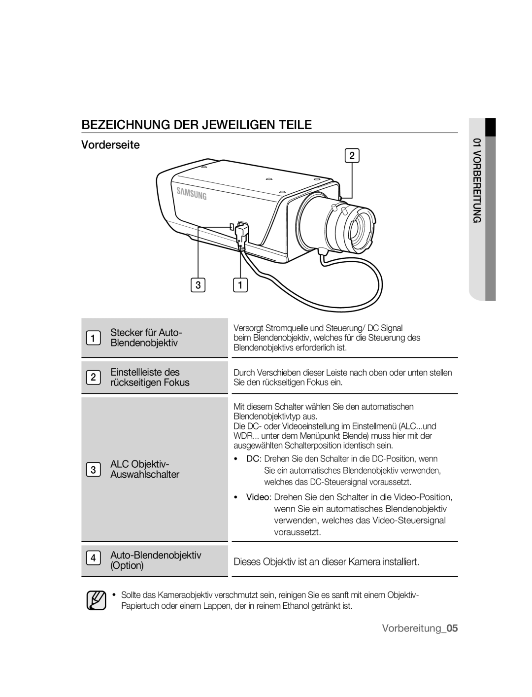 Samsung SNC-B2315P manual Bezeichnung DER Jeweiligen Teile, Vorderseite, Vorbereitung05 