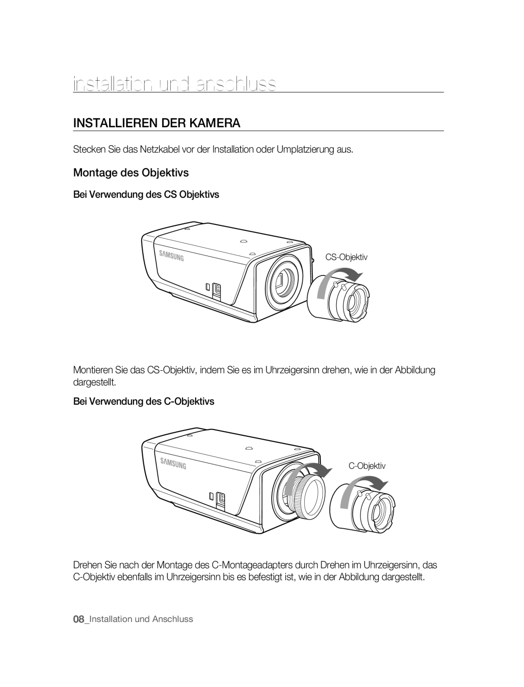 Samsung SNC-B2315P manual Installation und anschluss, Installieren DER Kamera, Montage des Objektivs 