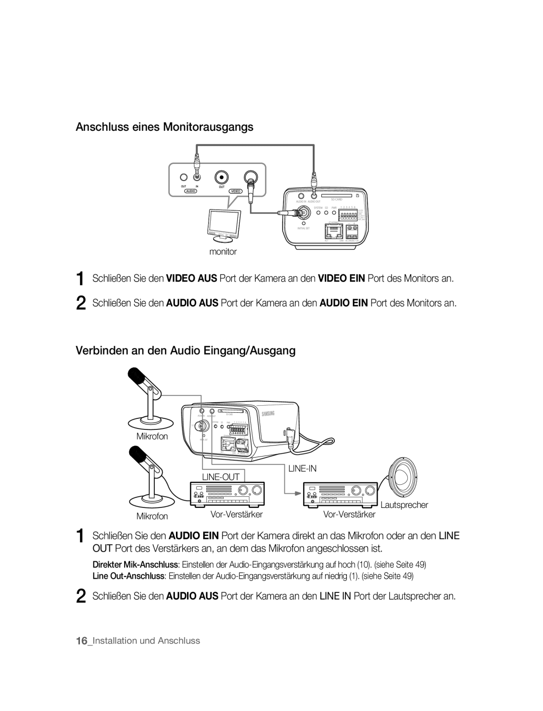 Samsung SNC-B2315P manual Anschluss eines Monitorausgangs, Verbinden an den Audio Eingang/Ausgang, Mikrofon 