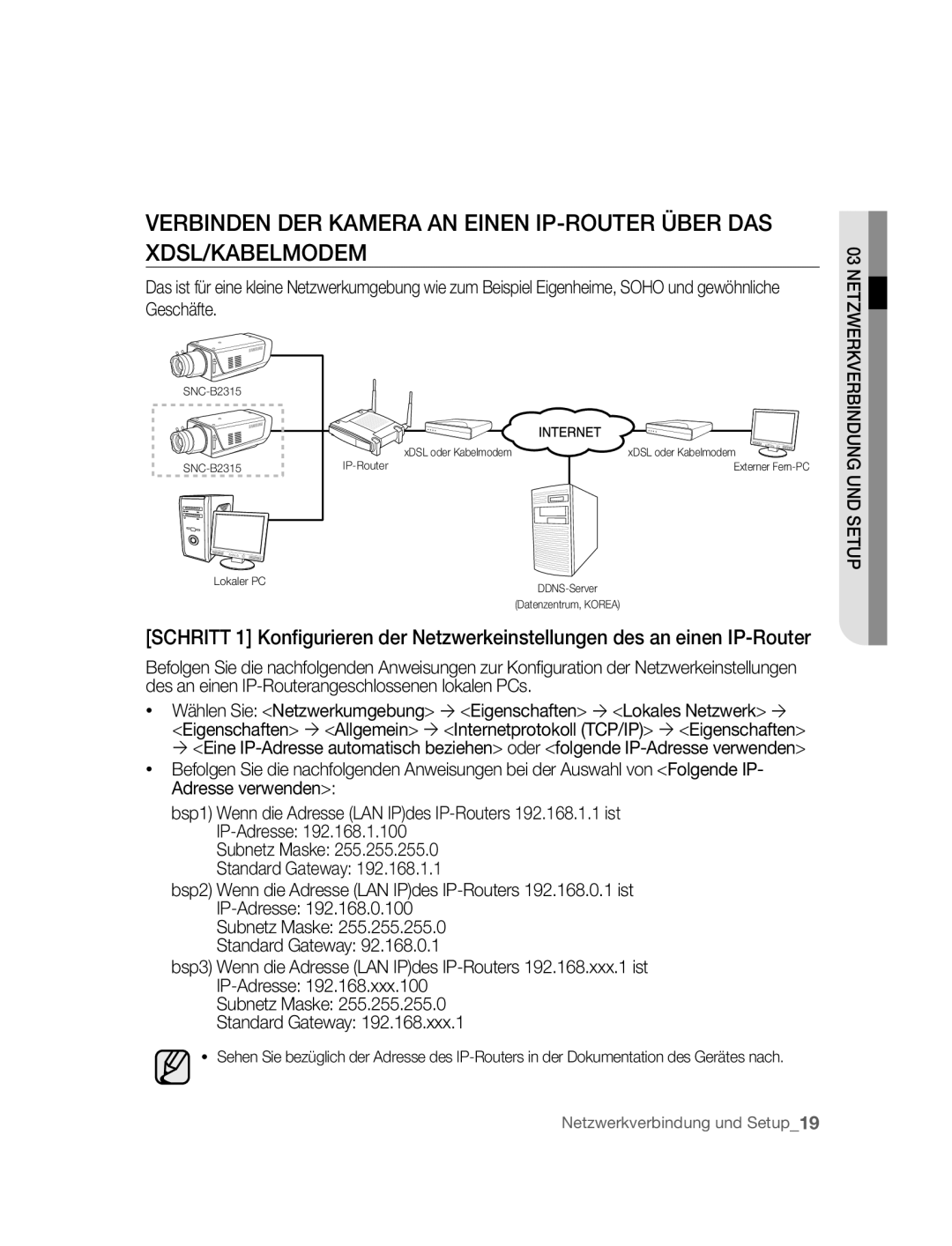 Samsung SNC-B2315P manual Netzwerkverbindung UND Setup 