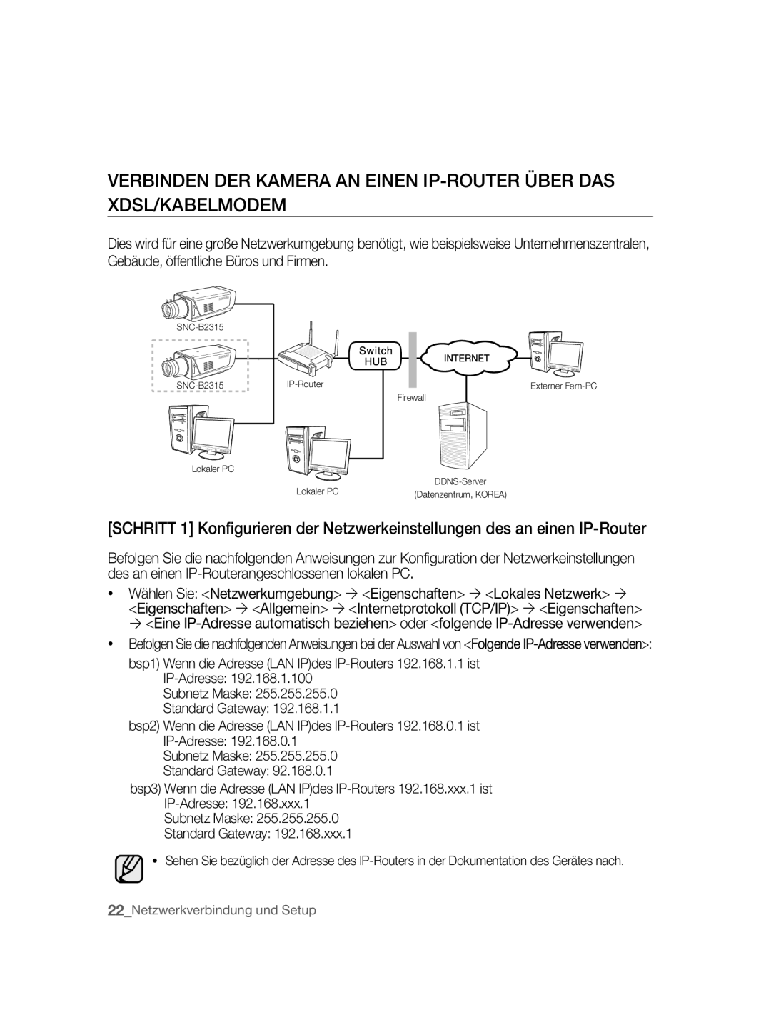 Samsung SNC-B2315P manual 22Netzwerkverbindung und Setup 