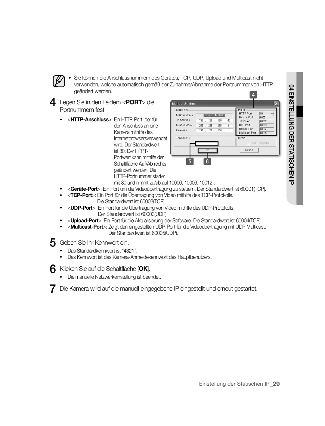 Samsung SNC-B2315P manual Legen Sie in den Feldern Port die Portnummern fest, Geben Sie Ihr Kennwort ein, Geändert werden 